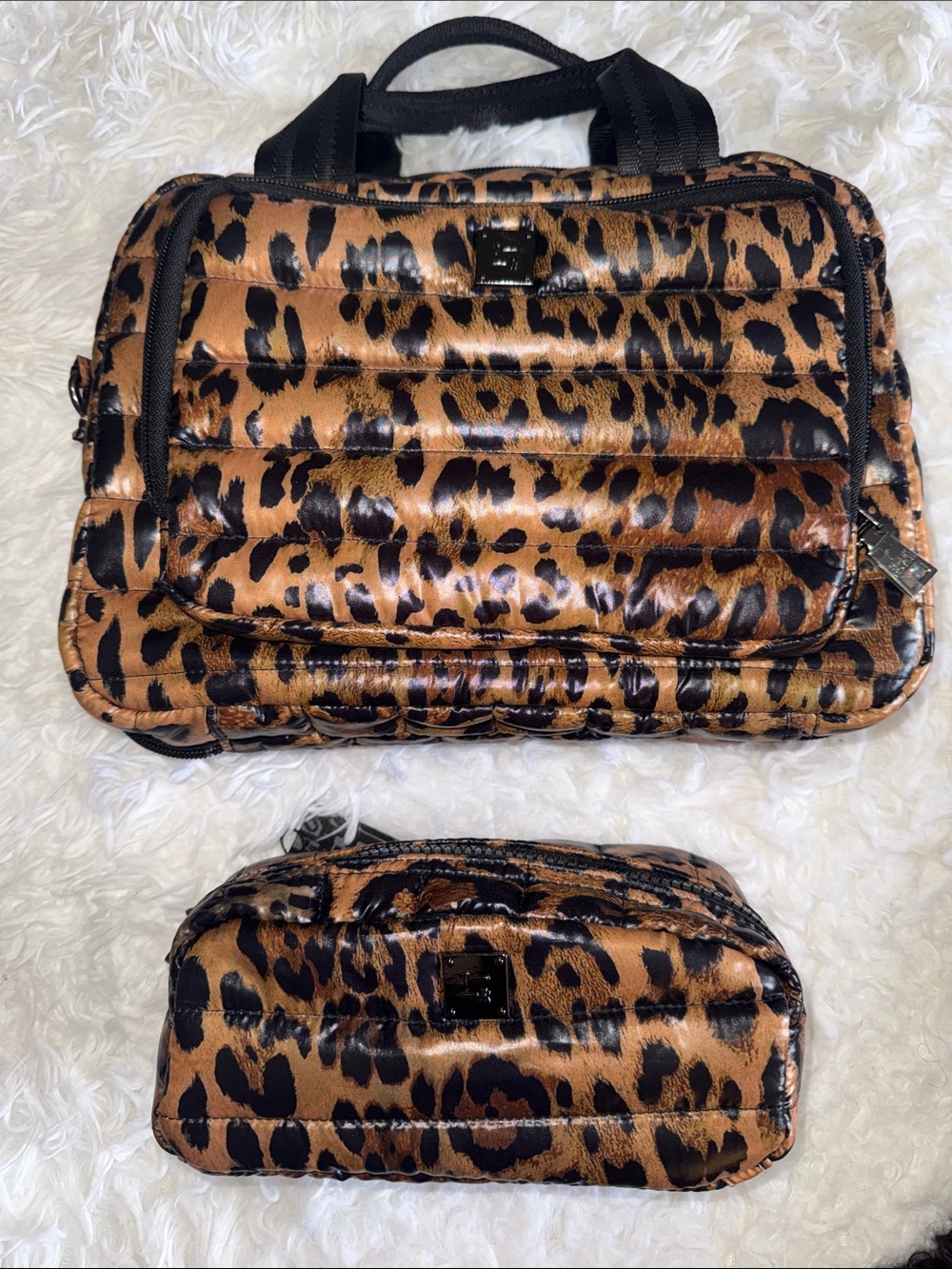 Think Rolyn Leopard Print Quilted Travel and Cosmetic Bags Set
